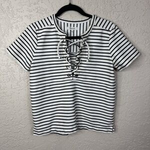 Madewell Womens Nautical Tee Size Small Striped Lace Up Fisherman Coastal Preppy